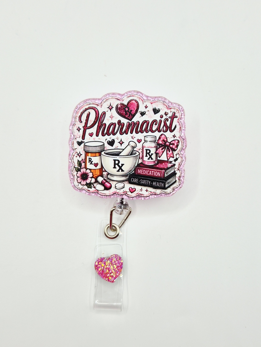 Pharmacist Pink Glitter Badge Reel with Heart Accent Alligator Clip